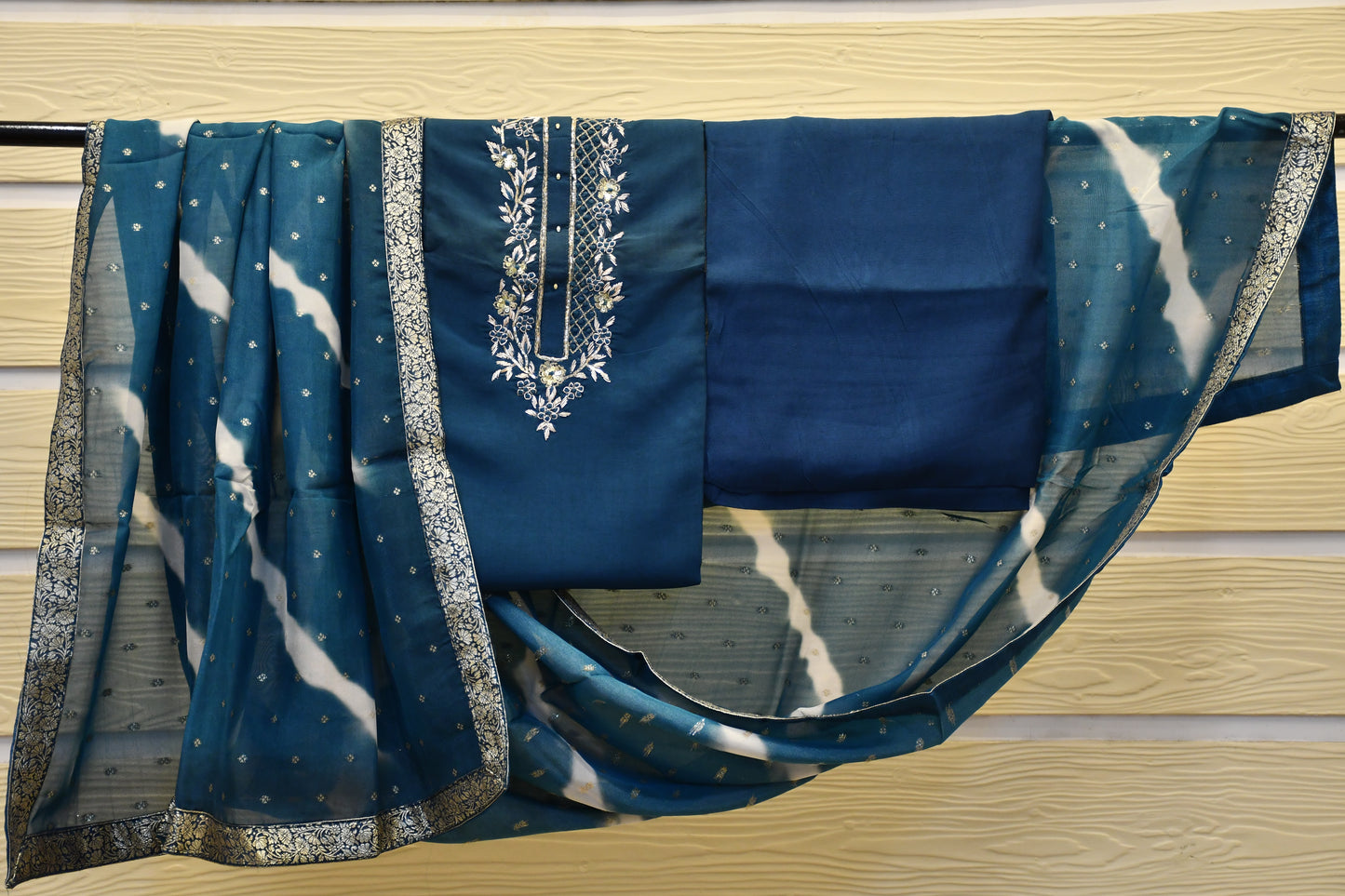 Blue Silk Blend Dress Material with Embroidery Work and Leheriya Dupatta