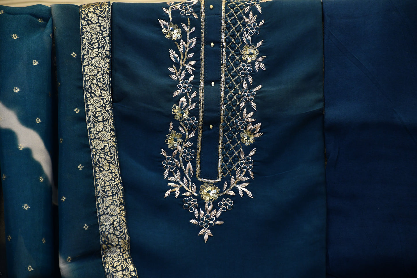Blue Silk Blend Dress Material with Embroidery Work and Leheriya Dupatta