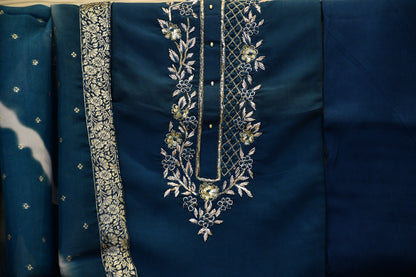 Blue Silk Blend Dress Material with Embroidery Work and Leheriya Dupatta
