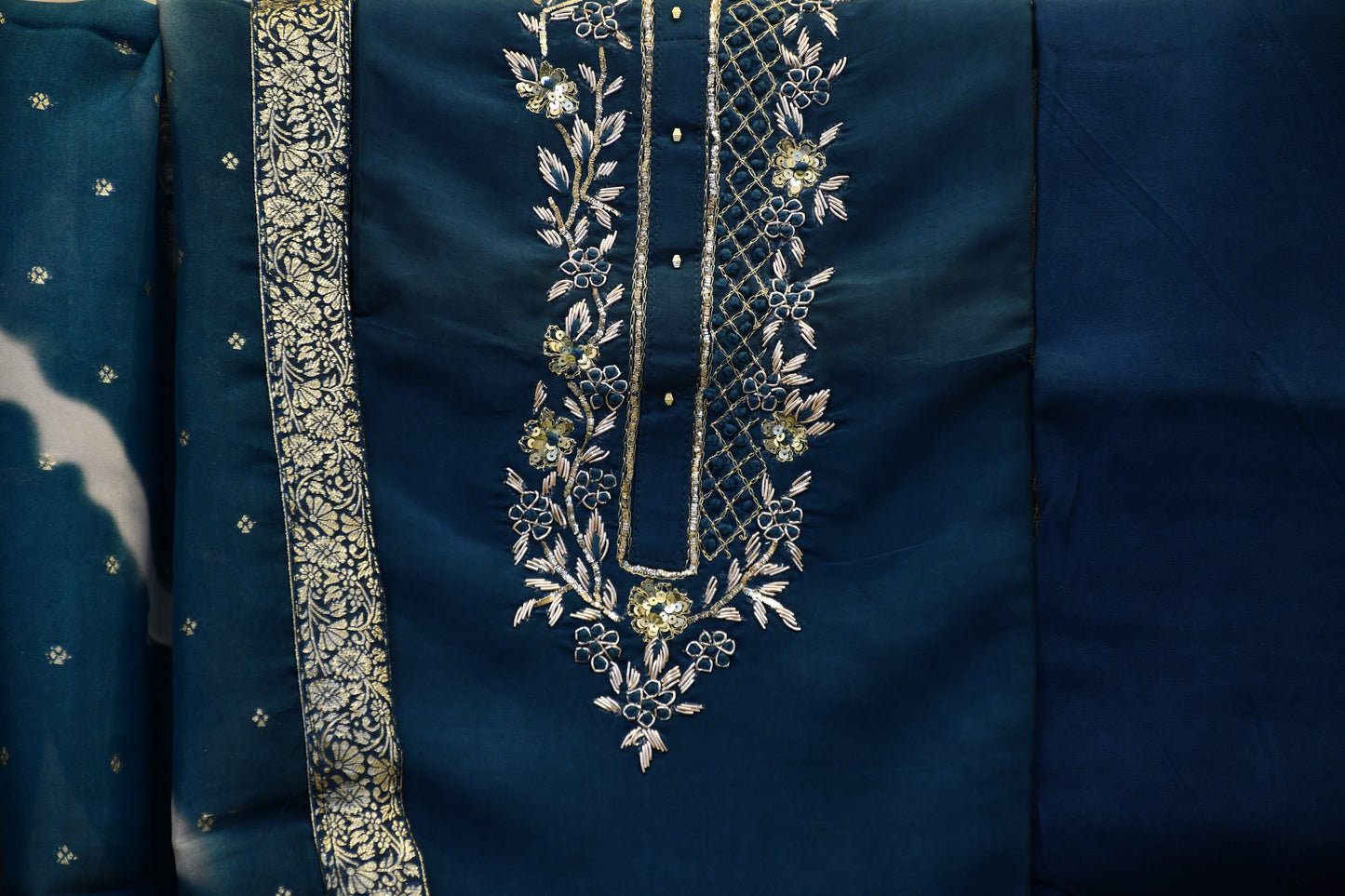 Blue Silk Blend Dress Material with Embroidery Work and Leheriya Dupatta