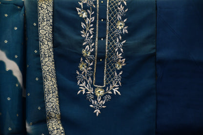 Blue Silk Blend Dress Material with Embroidery Work and Leheriya Dupatta