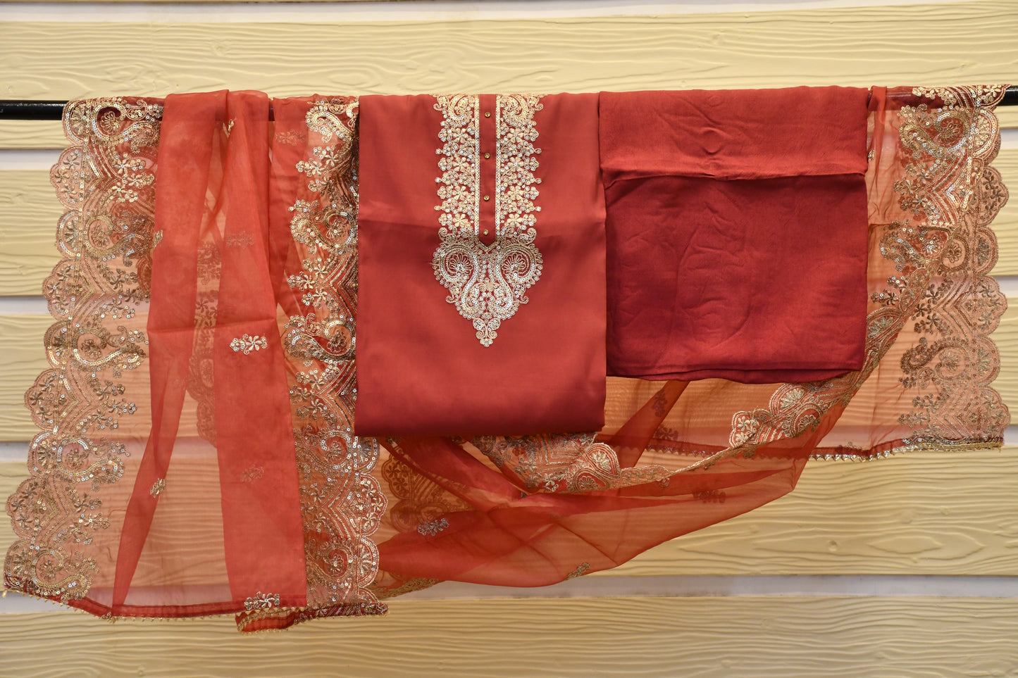 Maroon Embellished & Embroiderd Dress Material with Organza Dupatta