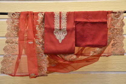Maroon Embellished & Embroiderd Dress Material with Organza Dupatta