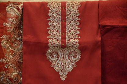 Maroon Embellished & Embroiderd Dress Material with Organza Dupatta