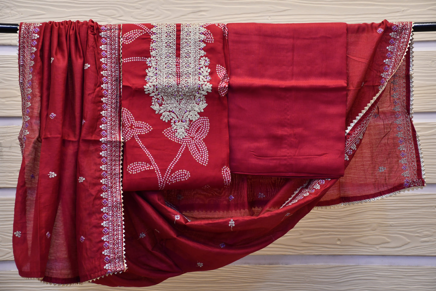 Hot pink Dress Material with Embroidery Work and Detailed Work Dupatta