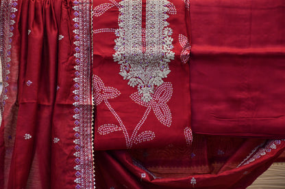 Hot pink Dress Material with Embroidery Work and Detailed Work Dupatta