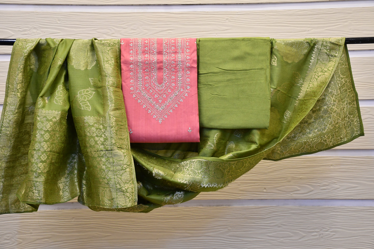 Baby pink Dress Material with Embroidery Work and Banarasi Dupatta