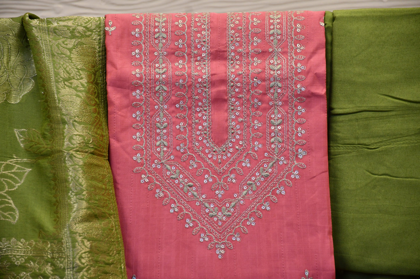 Baby pink Dress Material with Embroidery Work and Banarasi Dupatta