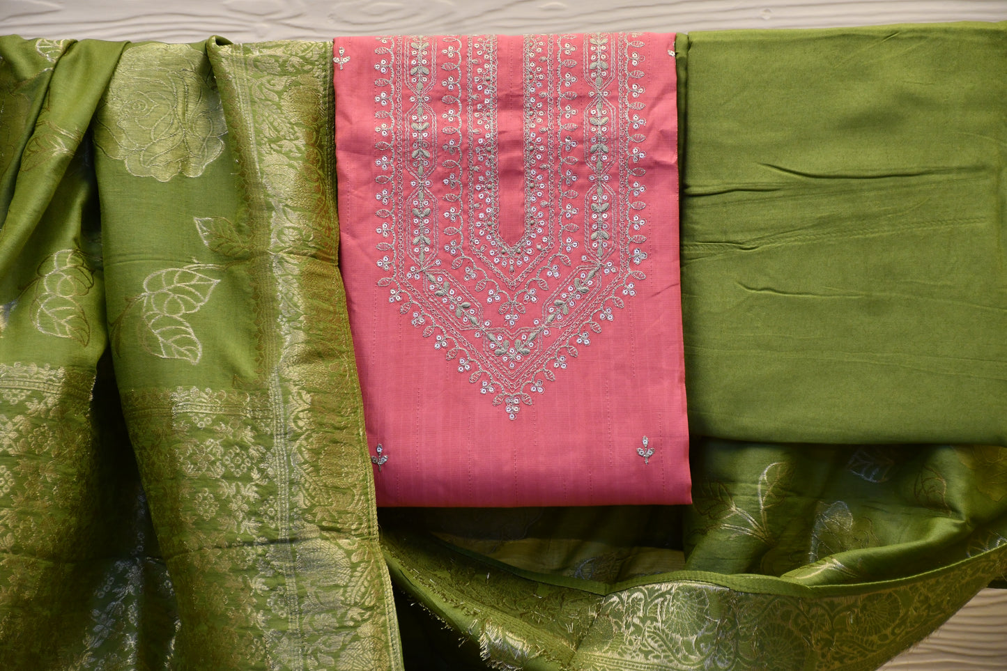 Baby pink Dress Material with Embroidery Work and Banarasi Dupatta