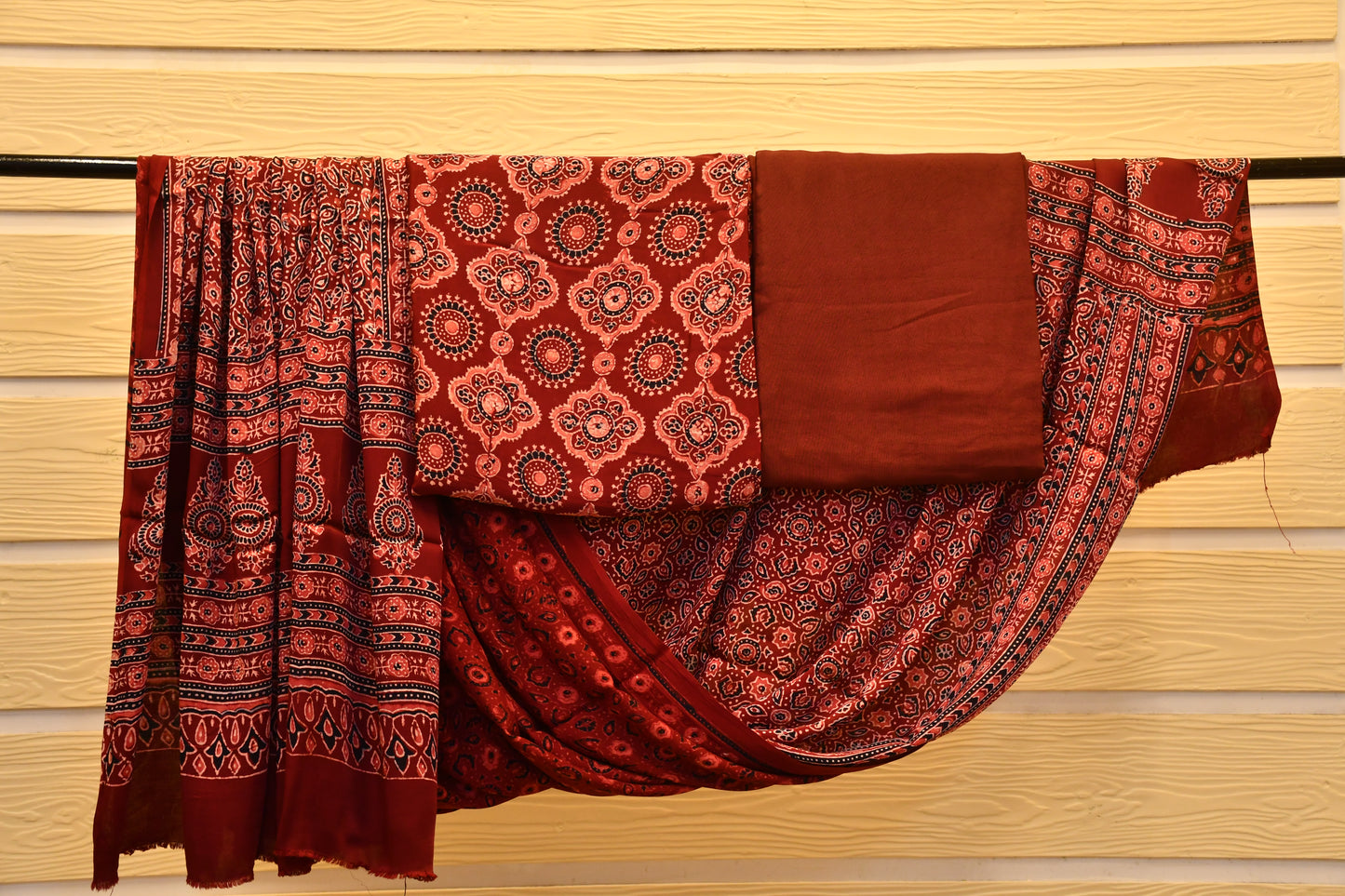 Maroon Hand block print Gajji Silk suit set