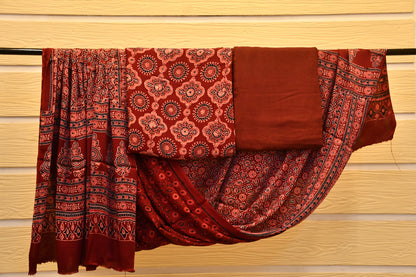Maroon Hand block print Gajji Silk suit set