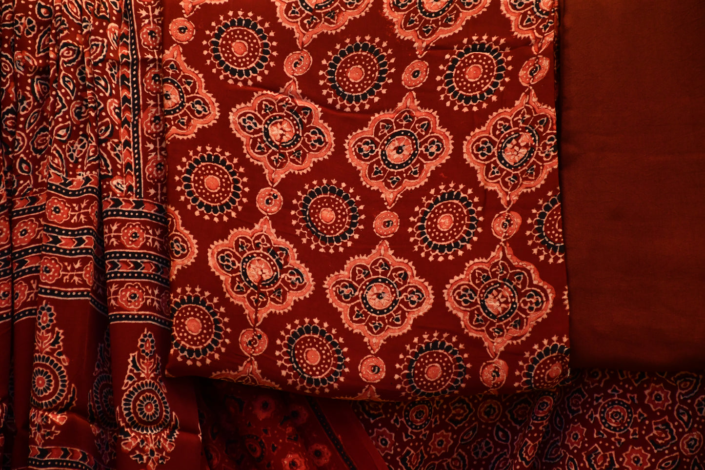 Maroon Hand block print Gajji Silk suit set