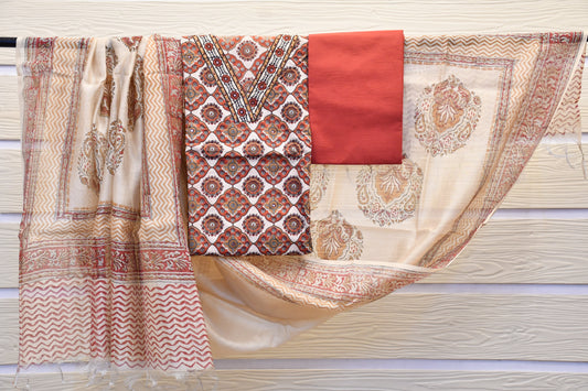 Red & Beige Handblock Printed Dress Material – Astitva Collection