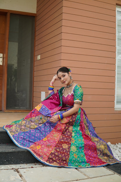 Vibrant Multicolor Silk Patola Chanya Choli with Designer Tie-Back Blouse-One Of One