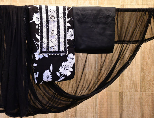 Black cotton dress material with chiffon dupatta