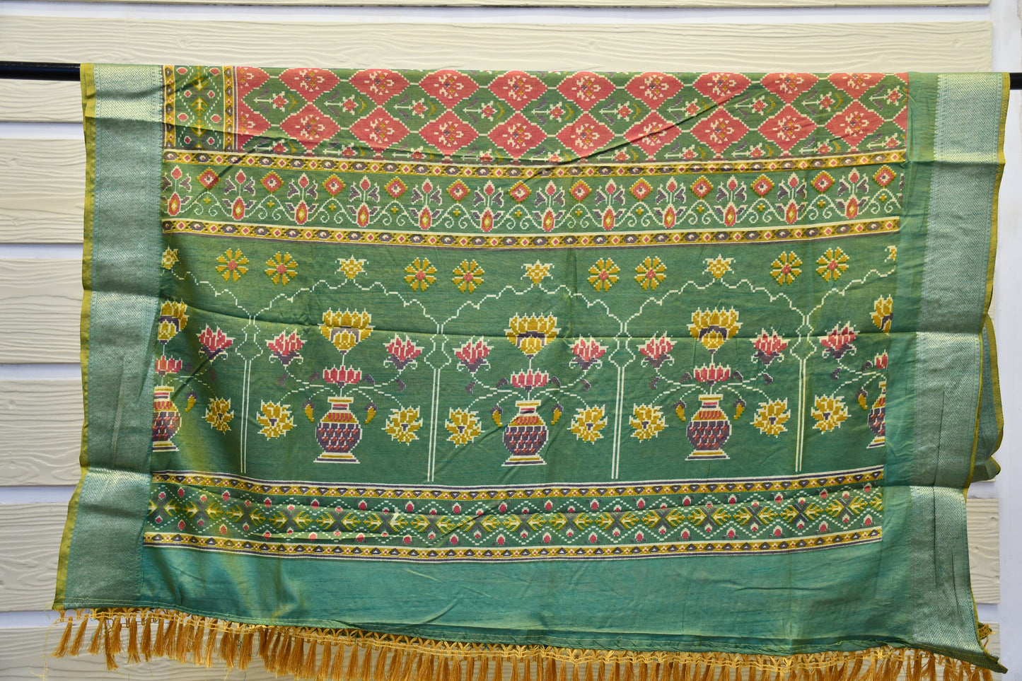 White Raw Silk Dress Material with Patola Dupatta & Coordinated Neck Work