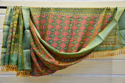 White Raw Silk Dress Material with Patola Dupatta & Coordinated Neck Work
