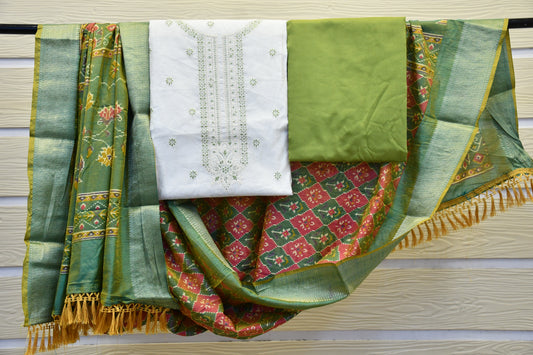 White Raw Silk Dress Material with Patola Dupatta & Coordinated Neck Work