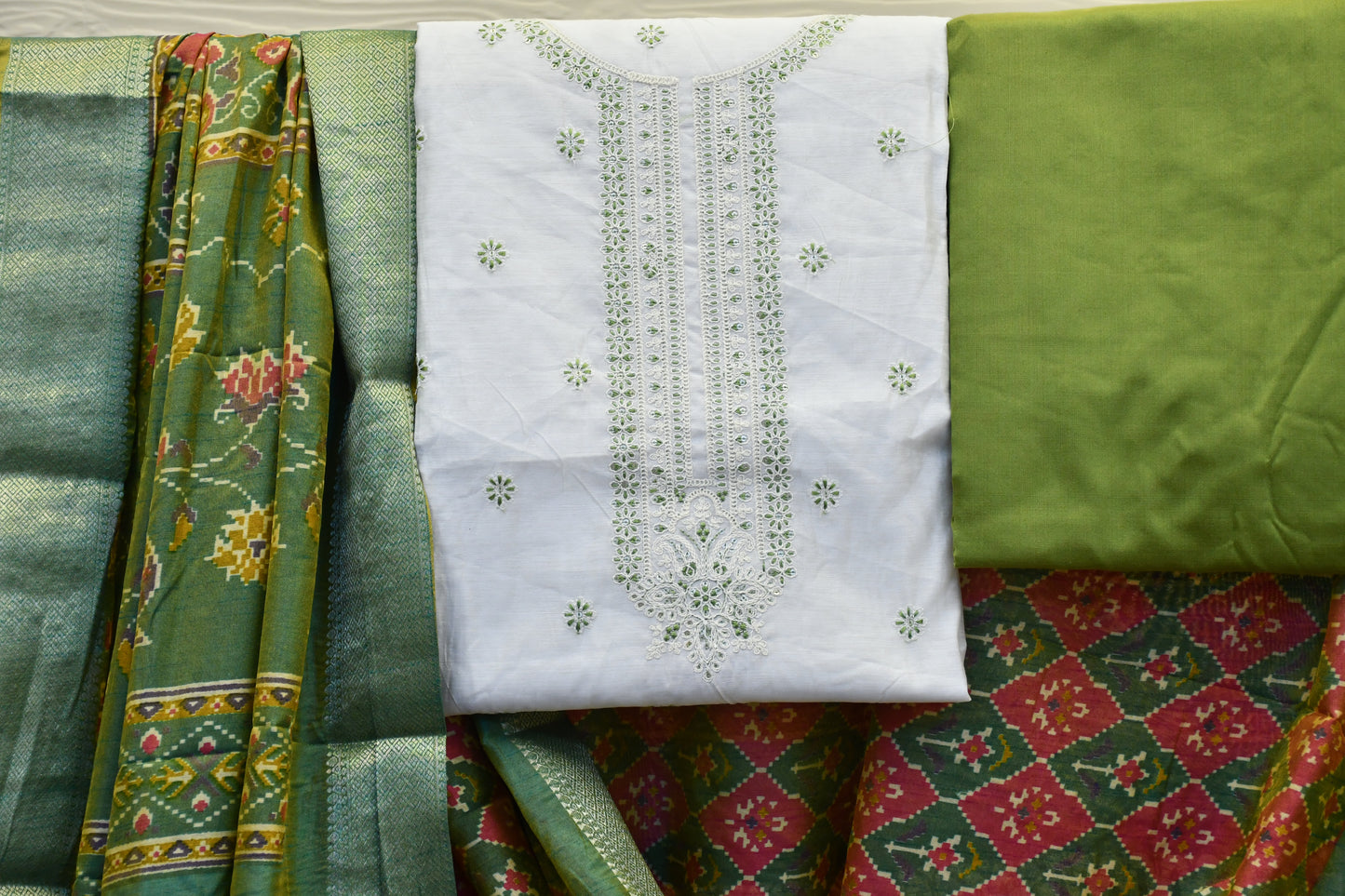 White Raw Silk Dress Material with Patola Dupatta & Coordinated Neck Work
