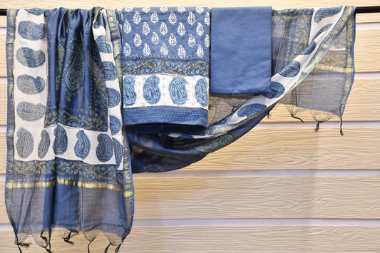 Blue Chikankari & Handblock Print Dress Material – Astitva Collection