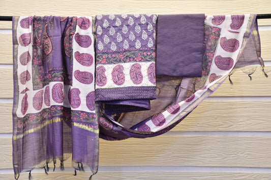 Purple Chikankari & Handblock Print Dress Material – Astitva Collection