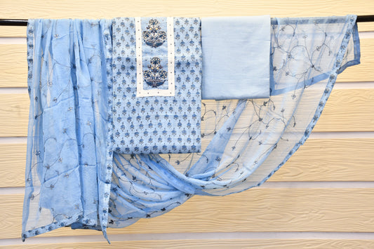 Light Blue Handblock Printed Dress Material with Handwork – Astitva Collection