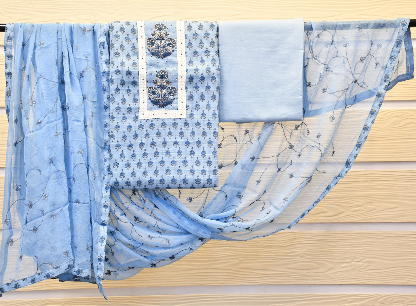 Sky Blue Hand-Embroidered Cotton Dress Material
