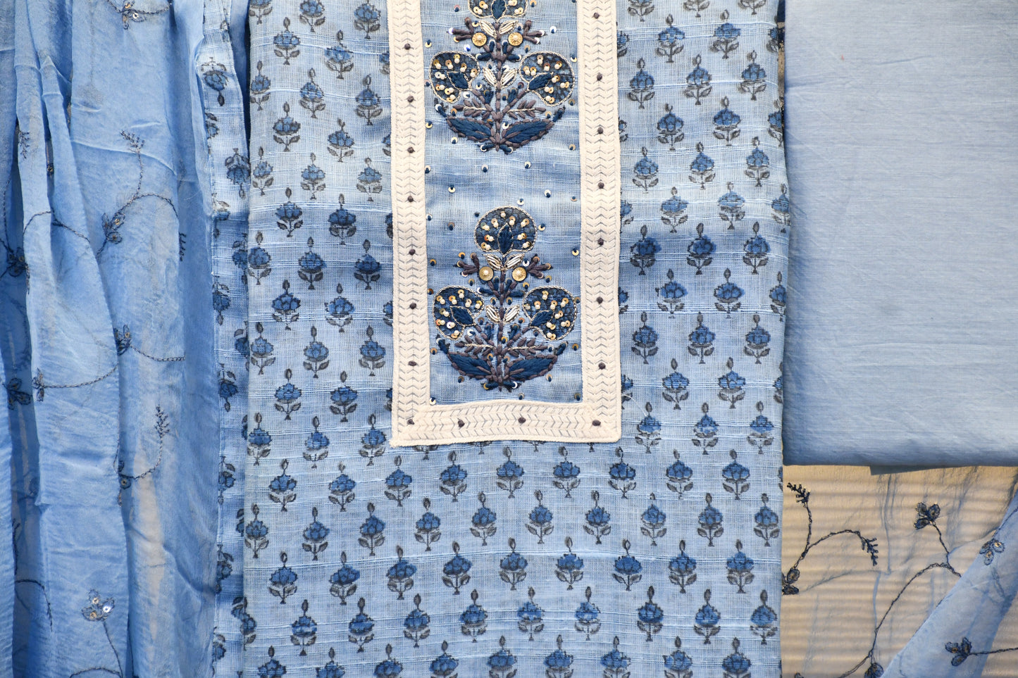Light Blue Handblock Printed Dress Material with Handwork – Astitva Collection