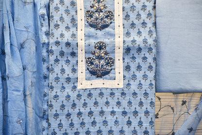 Light Blue Handblock Printed Dress Material with Handwork – Astitva Collection