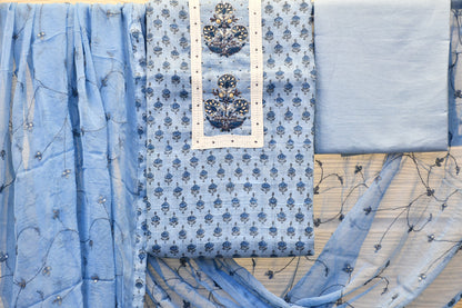 Sky Blue Hand-Embroidered Cotton Dress Material