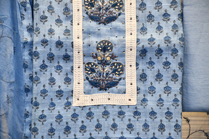 Light Blue Handblock Printed Dress Material with Handwork – Astitva Collection