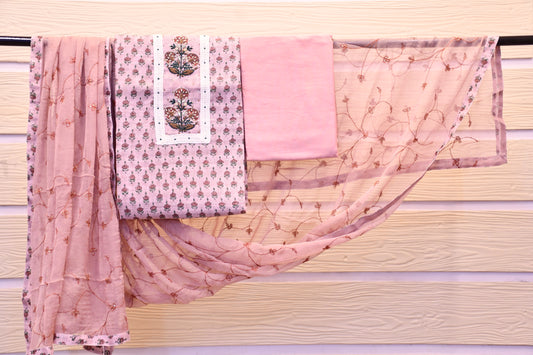 Pink Handblock Print Dress Material with Handwork – Astitva Collection