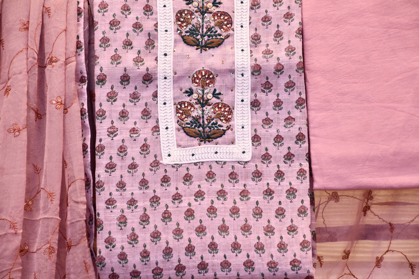 Pink Handblock Print Dress Material with Handwork – Astitva Collection