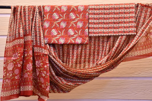 Red Floral Handblock Print Dress Material Set – Astitva Collection