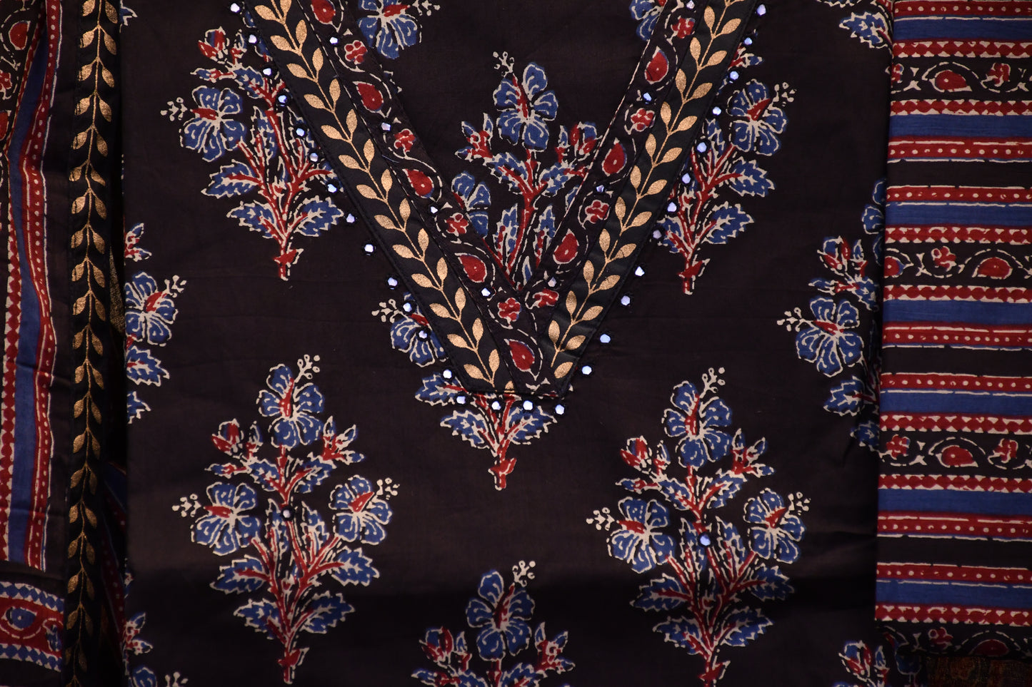 Black & Crimson Ajrakh-Style Printed Dress Material