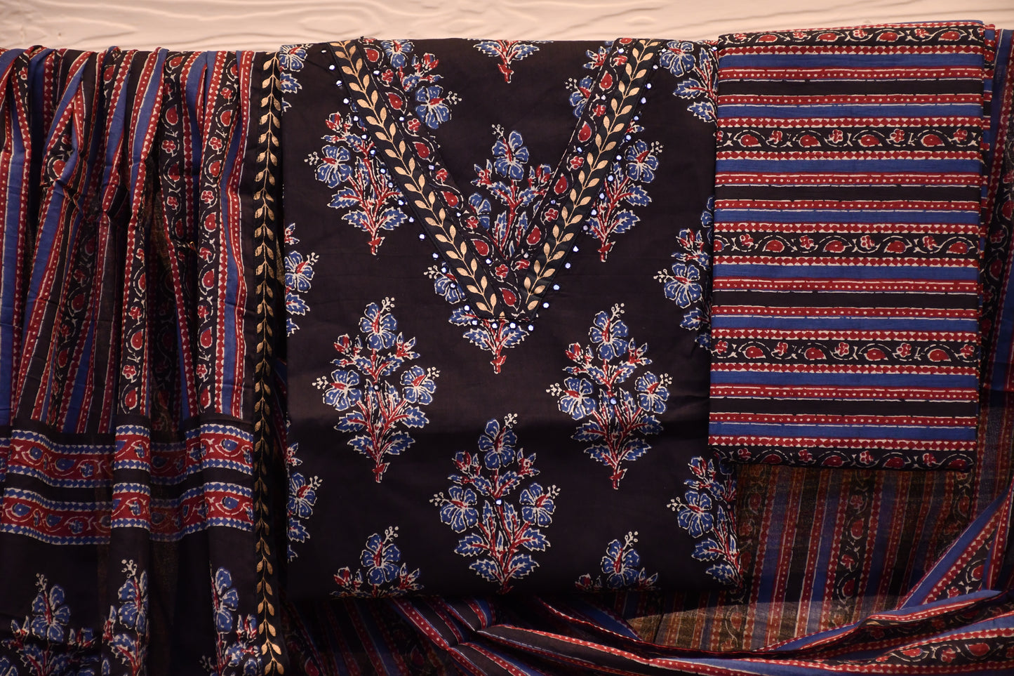 Black & Crimson Ajrakh-Style Printed Dress Material