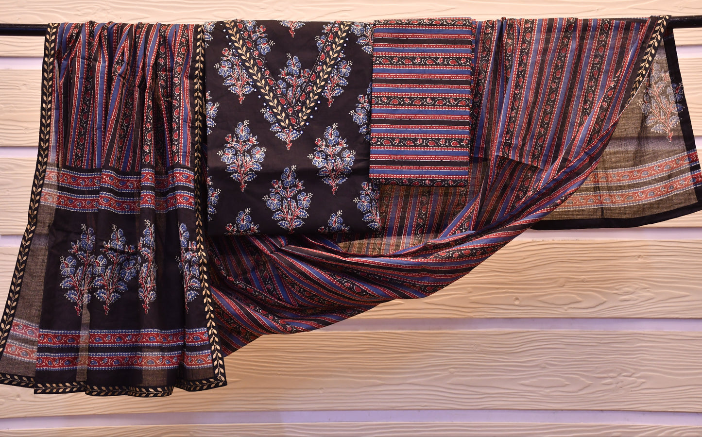 Black & Crimson Ajrakh-Style Printed Dress Material
