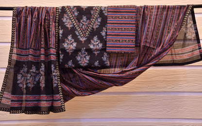 Black & Crimson Ajrakh-Style Printed Dress Material