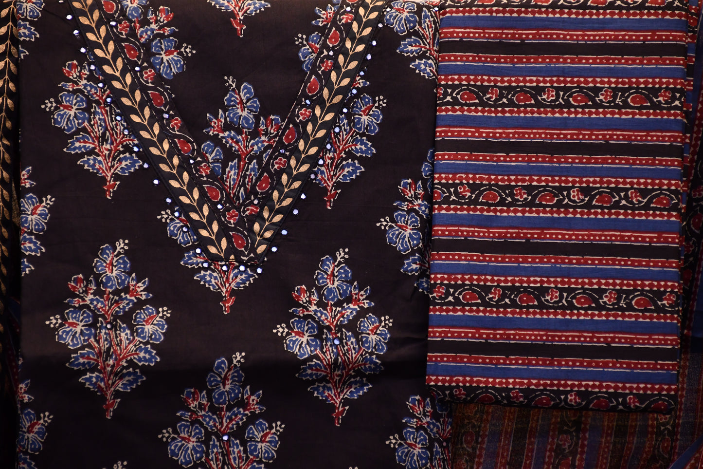 Black & Crimson Ajrakh-Style Printed Dress Material