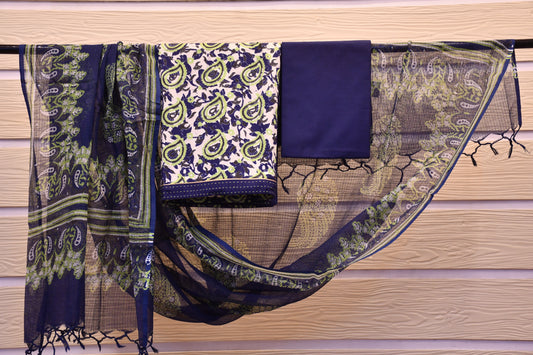 Blue Chikankari & Handblock Printed Dress Material – Astitva Collection