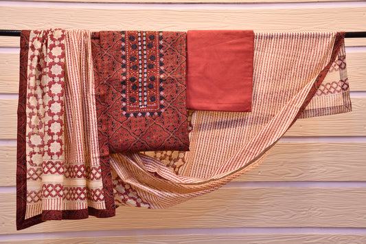 Red Muslin Dress Material with Intricate Print and Printed Dupatta – Astitva Collection
