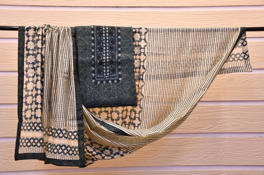 Green Muslin Dress Material with Intricate Print and Printed Dupatta – Astitva Collection