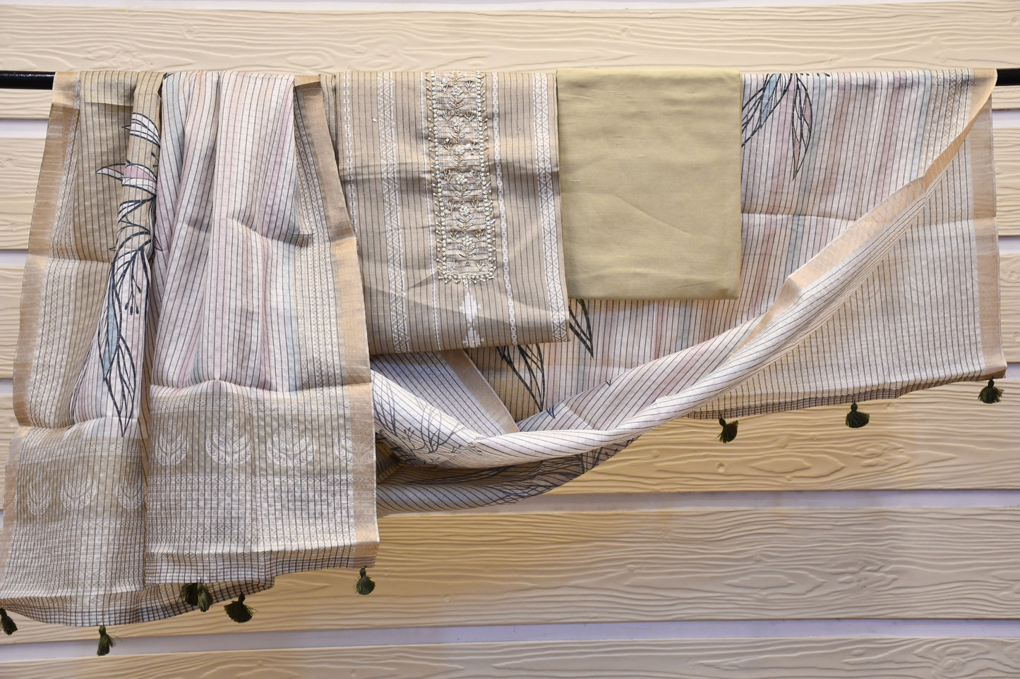 Beige Raw Silk Dress Material with Handwork & Handblock Dupatta – Astitva Collection