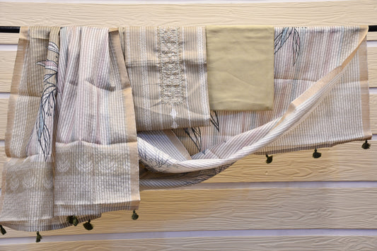 Beige Raw Silk Dress Material with Handwork & Handblock Dupatta – Astitva Collection