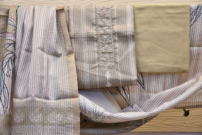 Beige Raw Silk Dress Material with Handwork & Handblock Dupatta – Astitva Collection