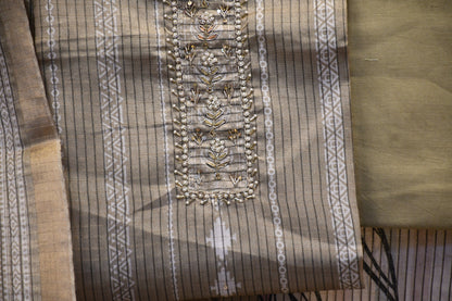 Beige Raw Silk Dress Material with Handwork & Handblock Dupatta – Astitva Collection