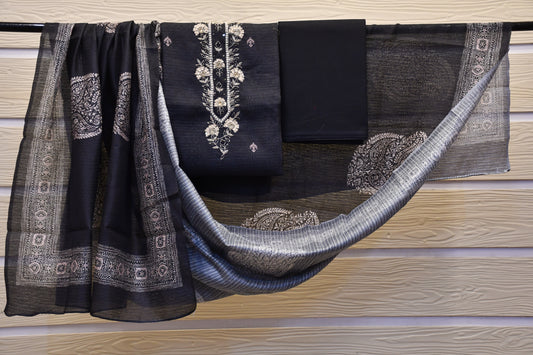 Black Raw Silk Dress Material with Handwork & Handblock Dupatta – Astitva Collection