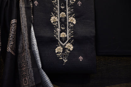 Black Raw Silk Dress Material with Handwork & Handblock Dupatta – Astitva Collection
