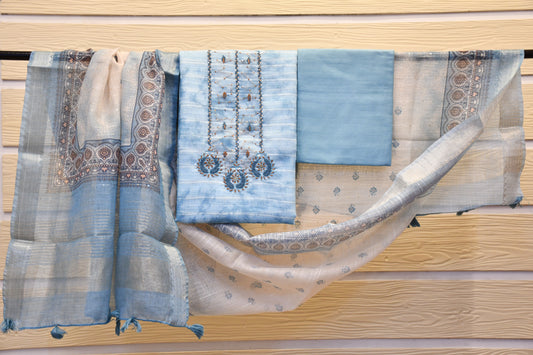 Sky Blue Dress Material with Intricate Neck Work & Work In Dupatta -Astitva Collection