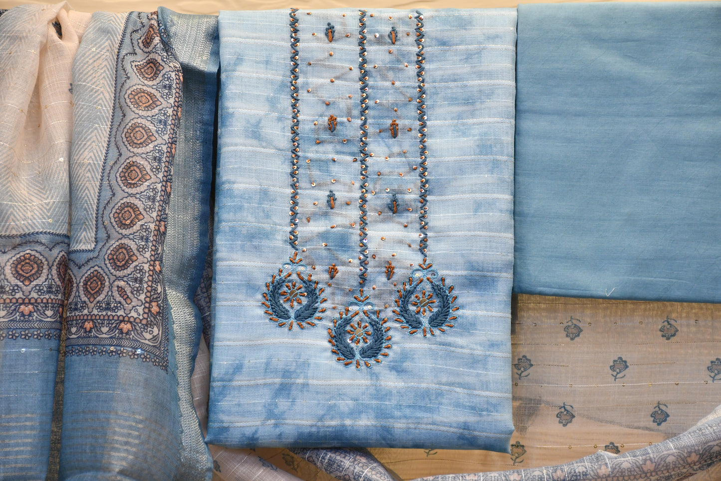 Sky Blue Dress Material with Intricate Neck Work & Work In Dupatta -Astitva Collection